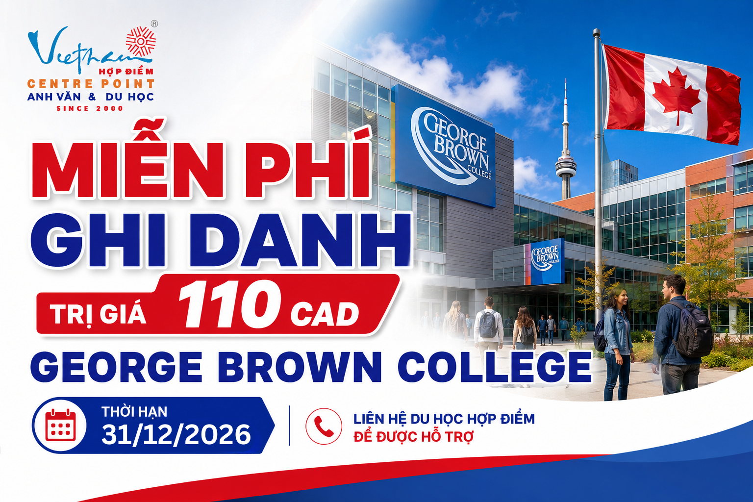 George Brown College miễn 100% phí ghi danh đến hết 31/12/2026